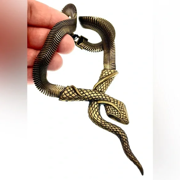 Vintage Bronze Tone Mesh Chain Snake Necklace Choker Bold Unique Statement - Picture 7 of 8